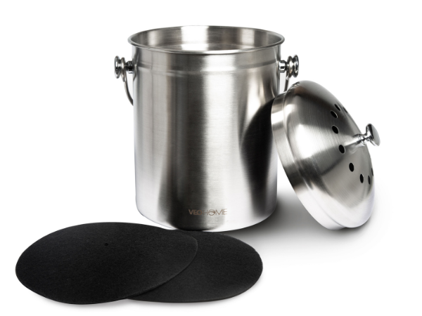 Secchio umido antiodore VeoHome aperto, che mostra l'interno in acciaio inox e due filtri a carbone attivo per la cucina.